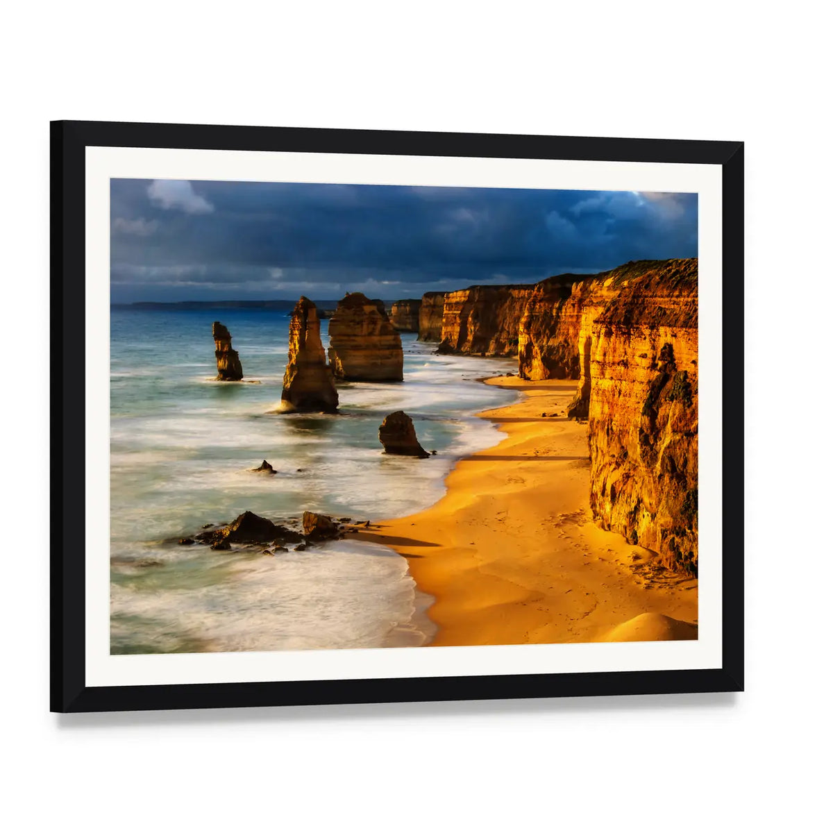 Twelve Apostles at Sunset Canvas Wall Art, framed print with white mat and black frame, angled product view