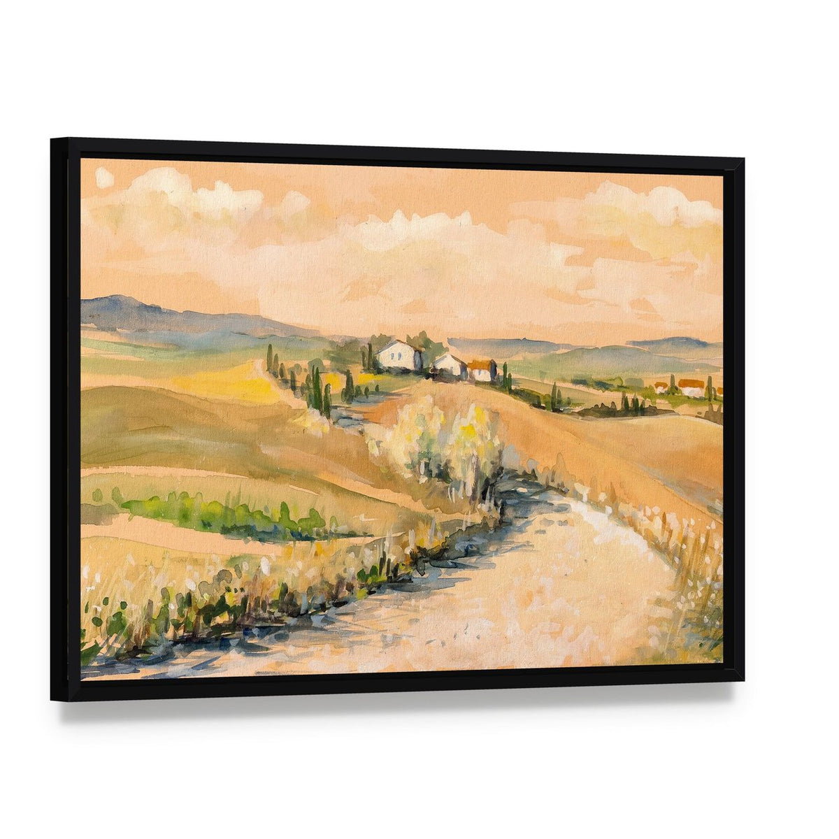 Tuscany Hill Canvas Wall Art, framed canvas in a black floater frame, angled product view
