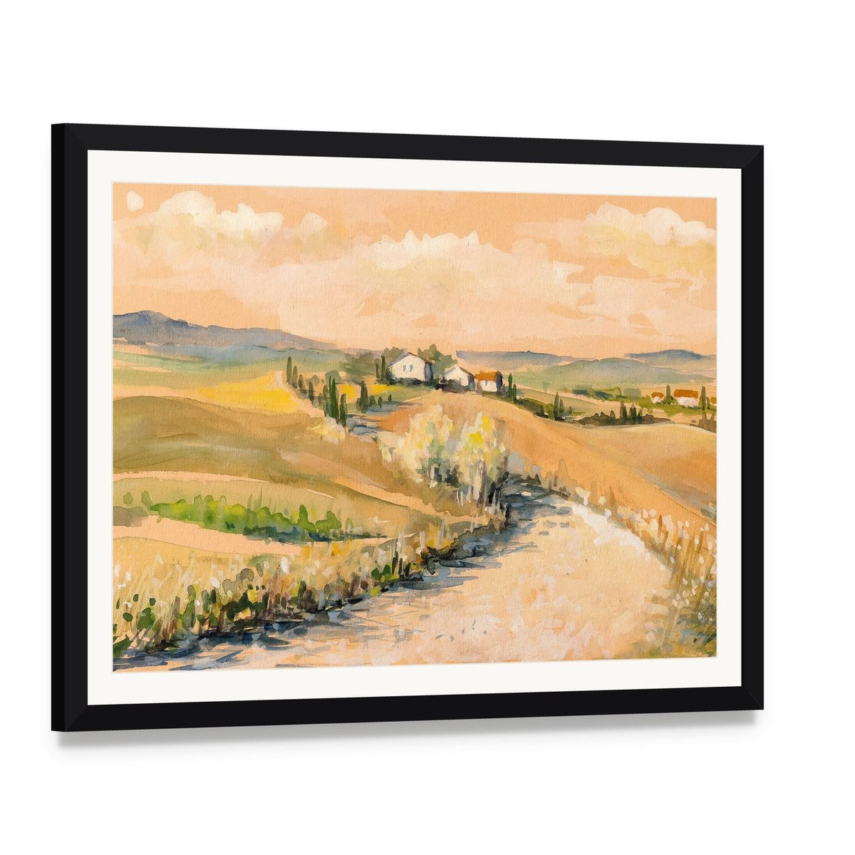 Tuscany Hill Canvas Wall Art, framed print with white mat and black frame, angled product view