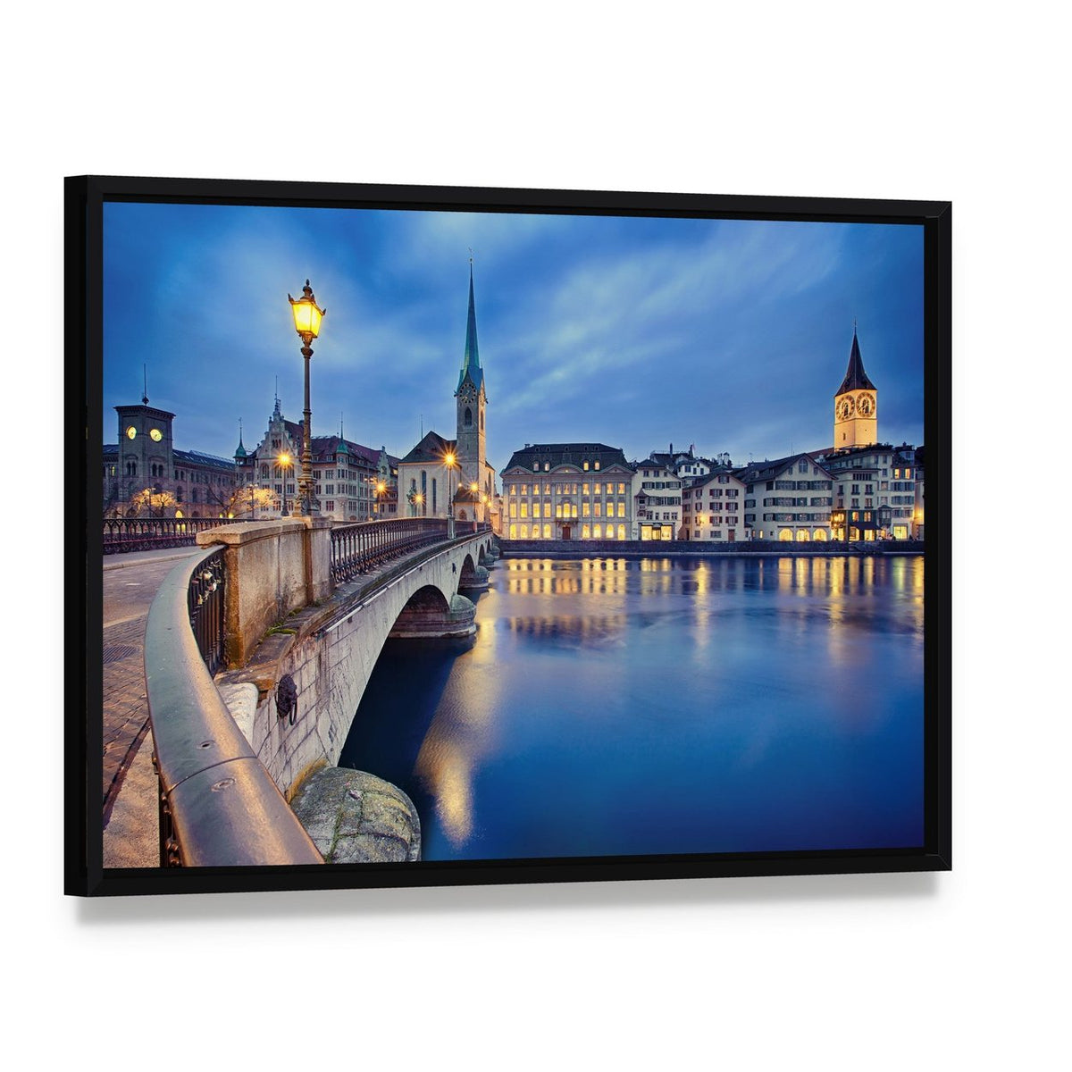 Fraumunster Church at Night Canvas Wall Art, framed canvas in a black floater frame, angled product view