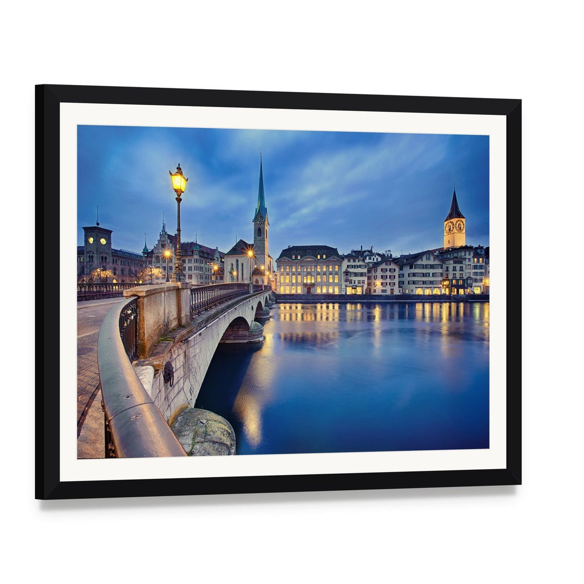 Fraumunster Church at Night Canvas Wall Art, framed print with white mat and black frame, angled product view