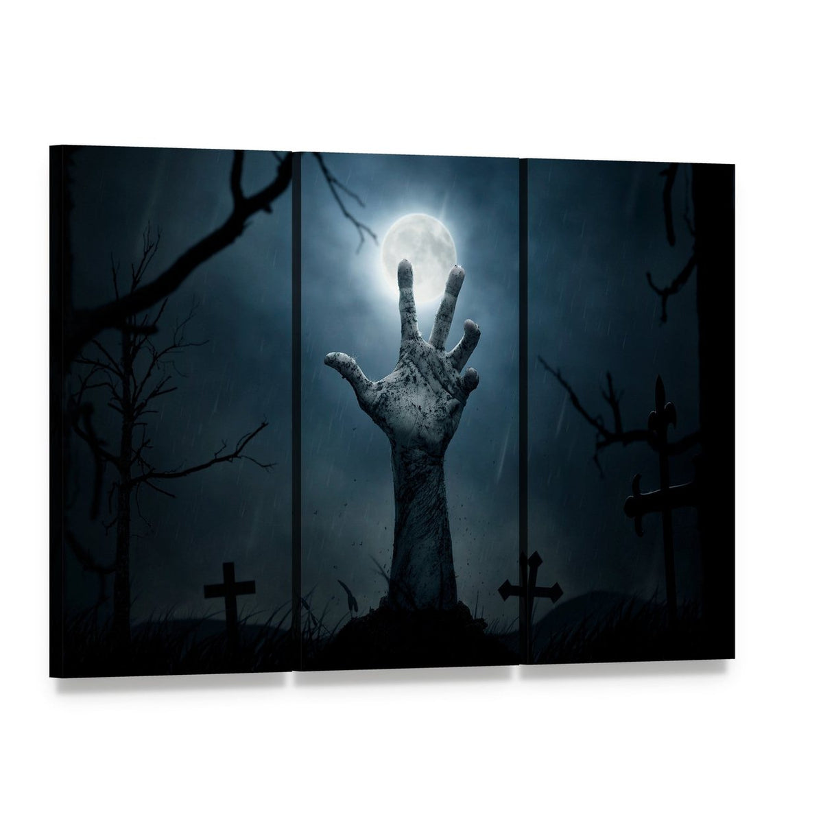 Zombie Hand Rising Canvas Wall Art, 3 panel 3 Horizontal layout gallery wrapped canvas set, angled product view