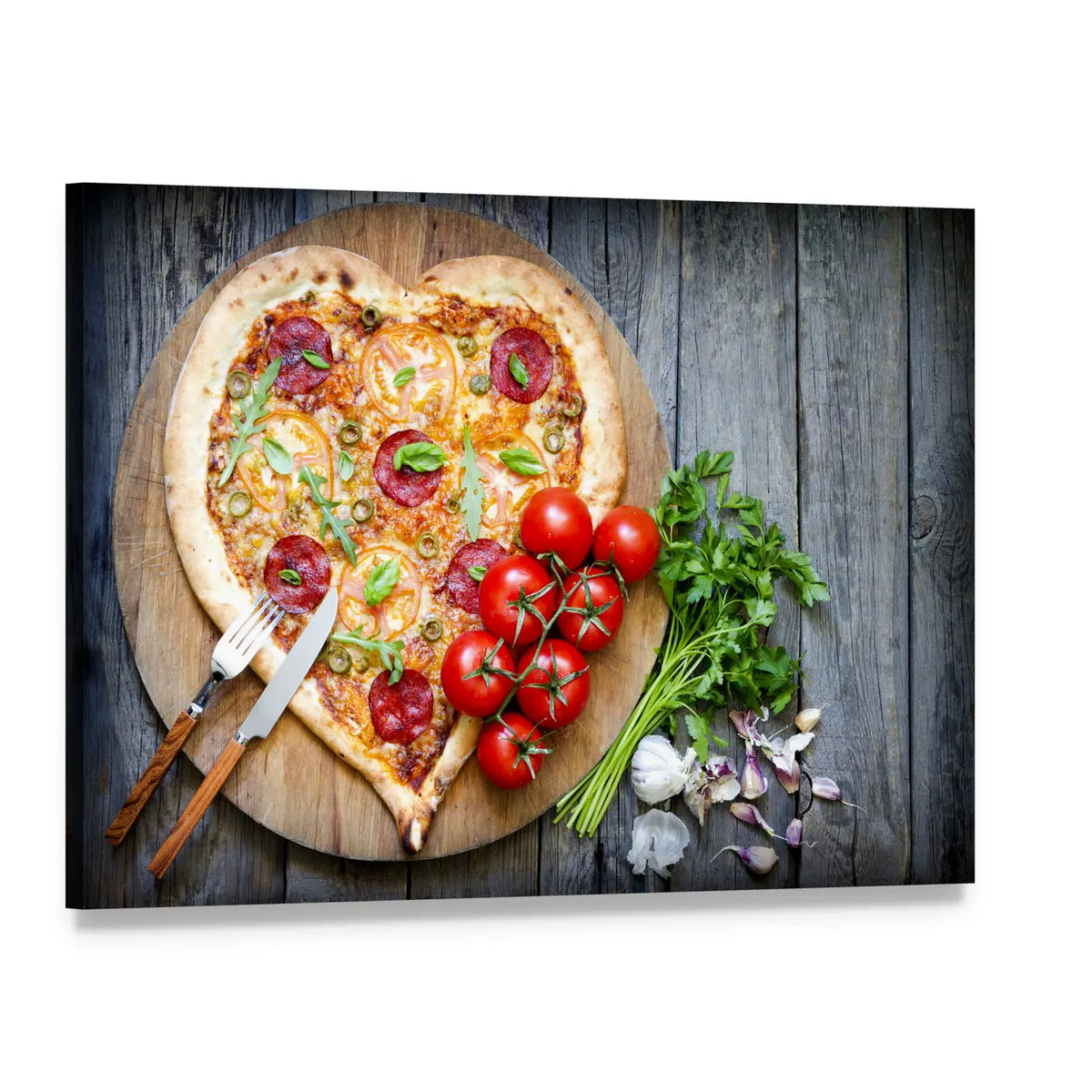 Heart-shaped Pepperoni Pizza Canvas Wall Art, single panel gallery wrapped canvas, angled product view
