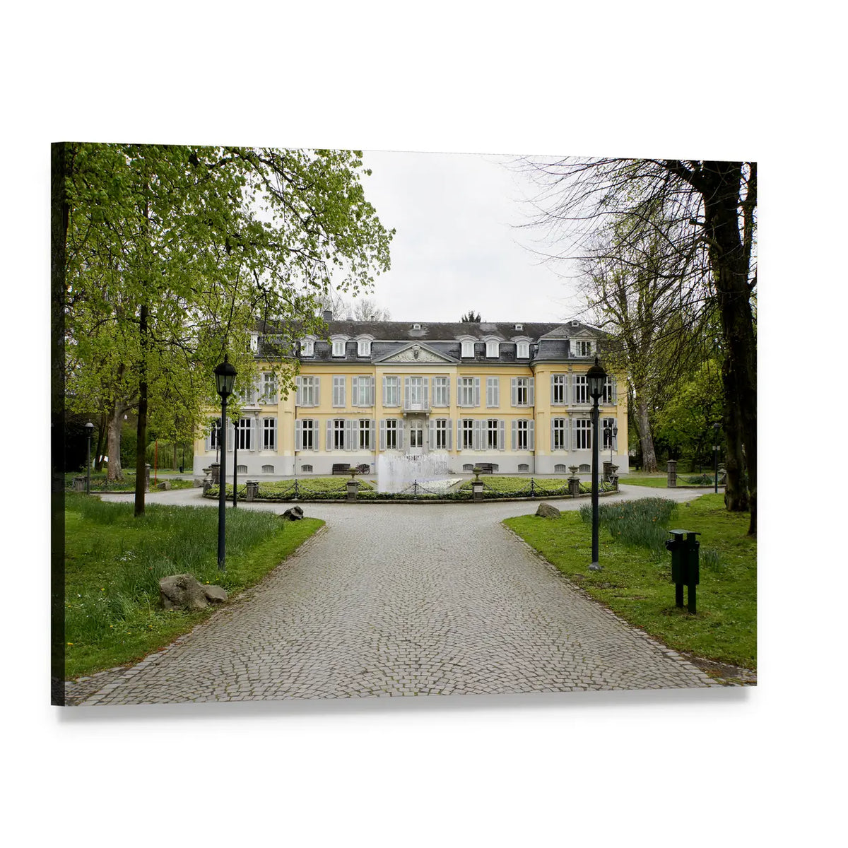 Morsbroich Museum Facade with Fountain Canvas Wall Art, single panel gallery wrapped canvas, angled product view