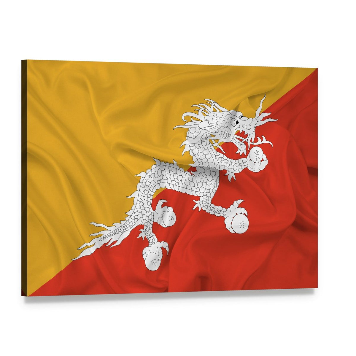 Waving Bhutan Flag with Thunder Dragon Canvas Wall Art, single panel gallery wrapped canvas, angled product view