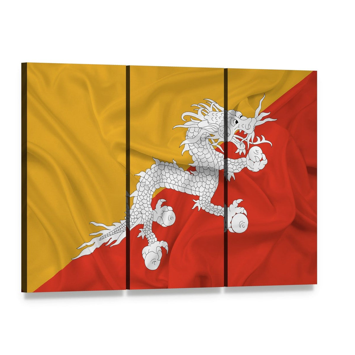 Waving Bhutan Flag with Thunder Dragon Canvas Wall Art, 3 panel 3 Horizontal layout gallery wrapped canvas set, angled product view