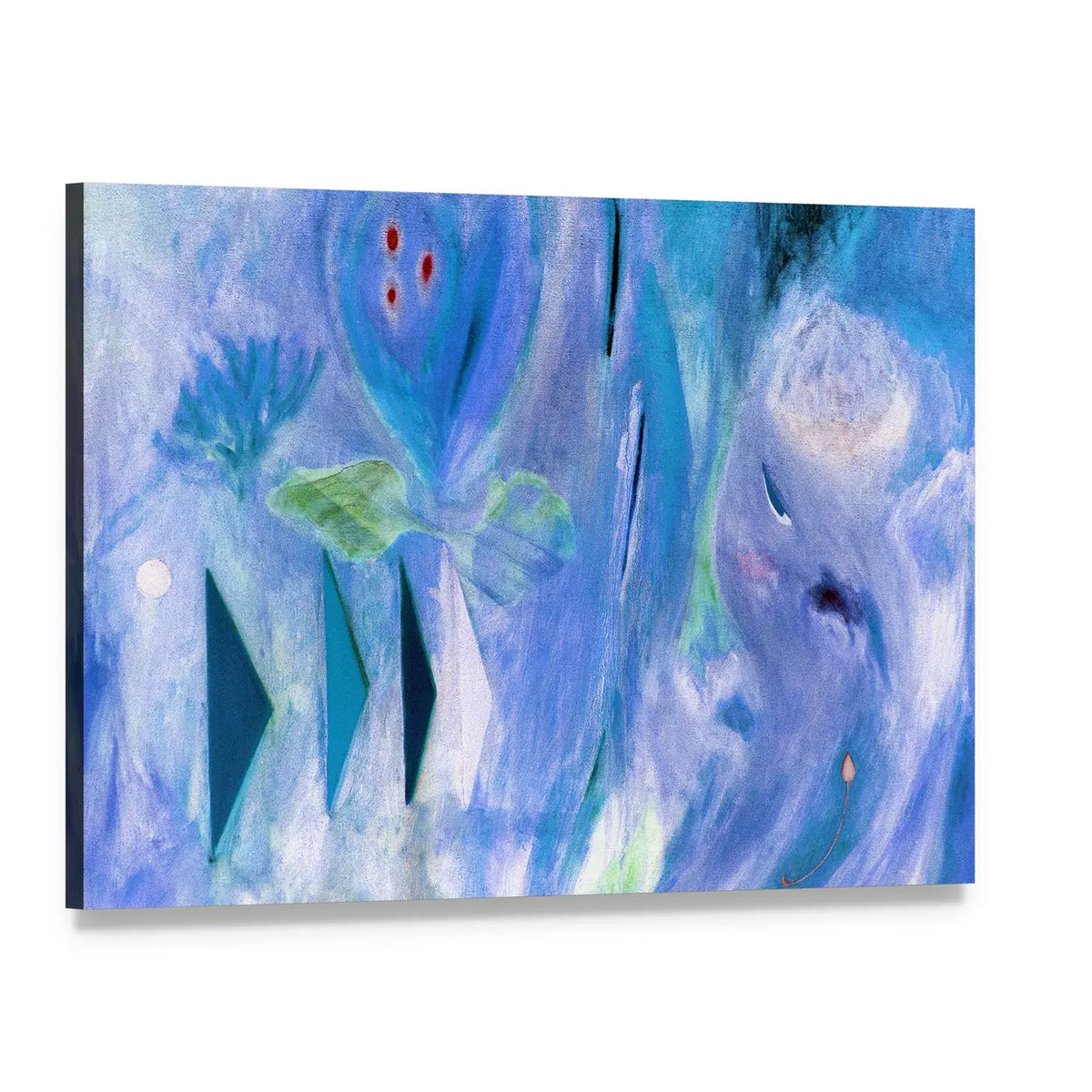 Dreamlike Blue Abstract with Stylized Face Canvas Wall Art, single panel gallery wrapped canvas, angled product view