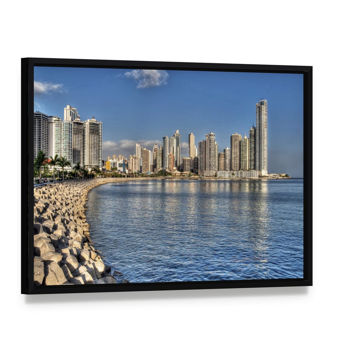 Panama City Skyline & Bay Canvas Wall Art, framed canvas in a black floater frame, angled product view