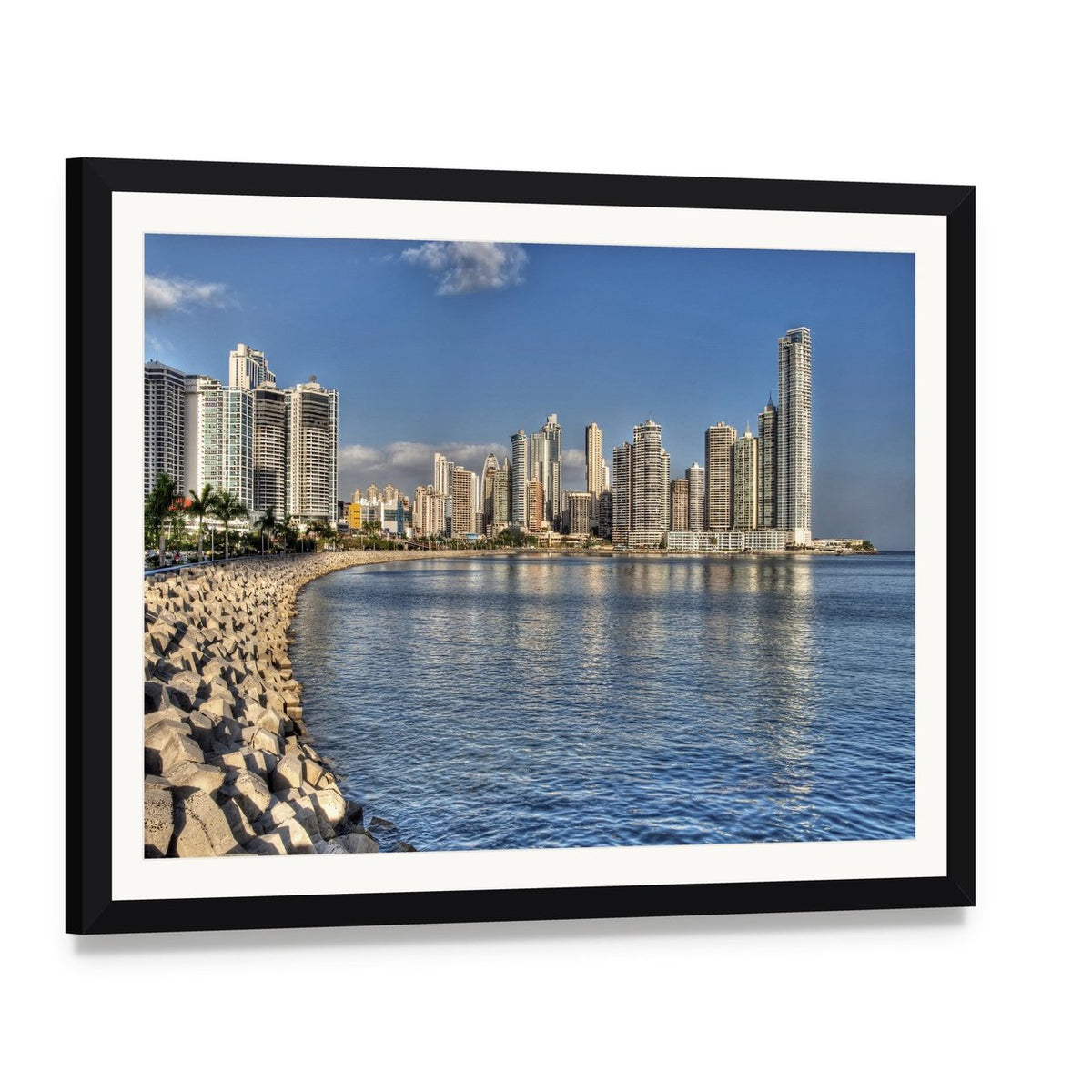 Panama City Skyline & Bay Canvas Wall Art, framed print with white mat and black frame, angled product view