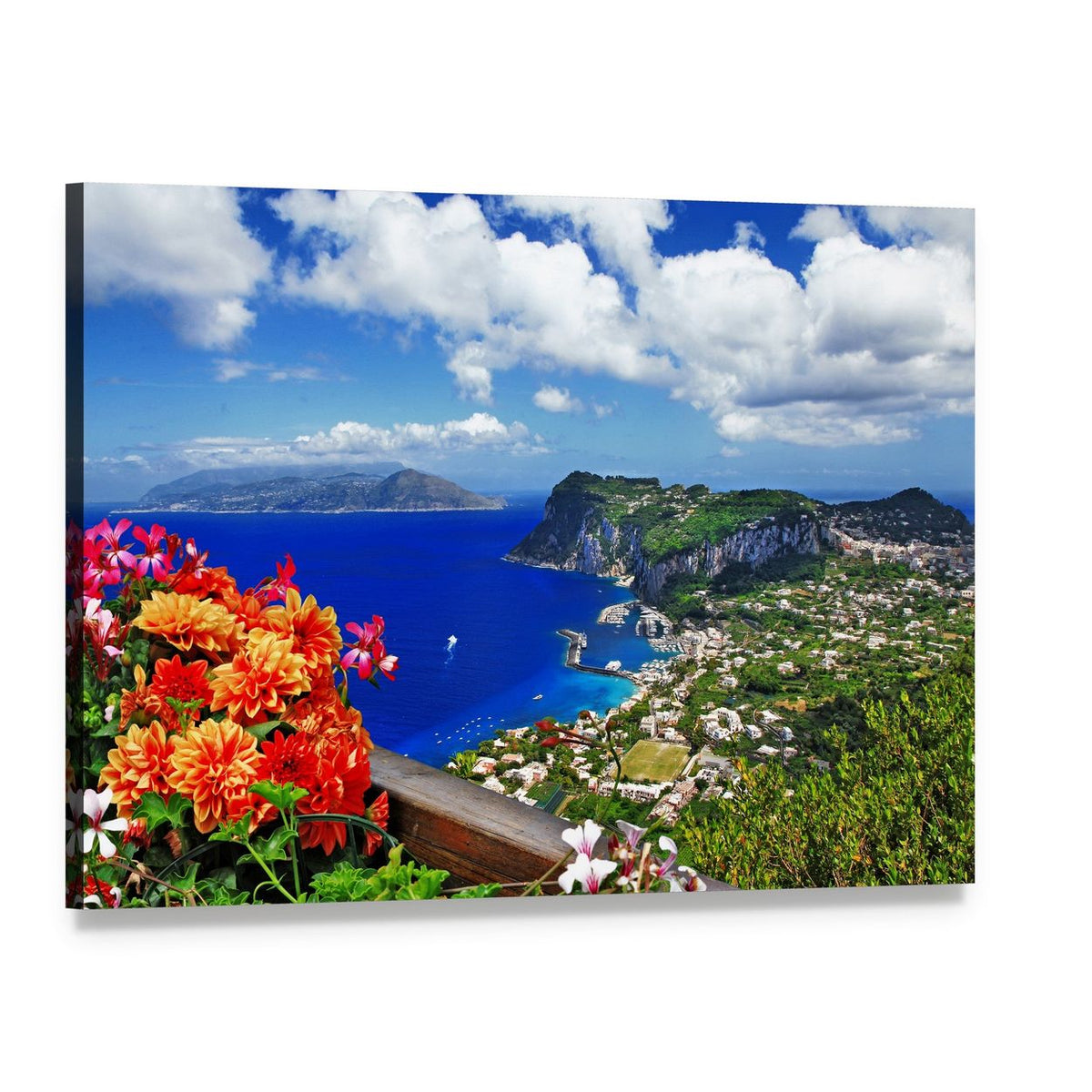 Capri Island Coastal Town with Flowers Canvas Wall Art, single panel gallery wrapped canvas, angled product view