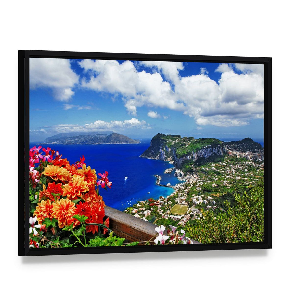 Capri Island Coastal Town with Flowers Canvas Wall Art, framed canvas in a black floater frame, angled product view