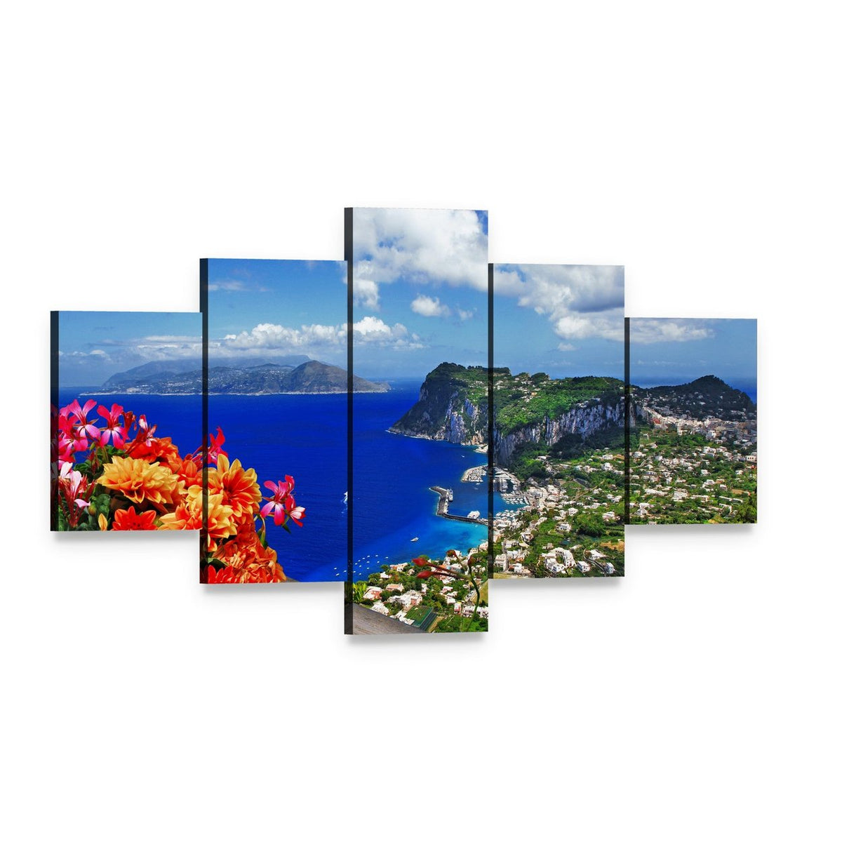 Capri Island Coastal Town with Flowers Canvas Wall Art, 5 panel 5 Star layout gallery wrapped canvas set, angled product view