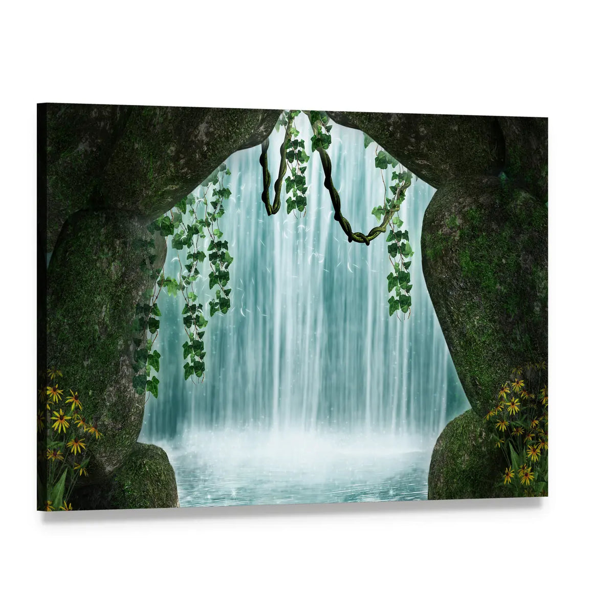 Cave and Waterfall Artwork Canvas Wall Art, single panel gallery wrapped canvas, angled product view