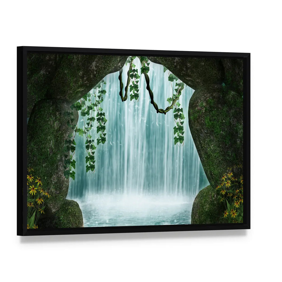 Cave and Waterfall Artwork Canvas Wall Art, framed canvas in a black floater frame, angled product view