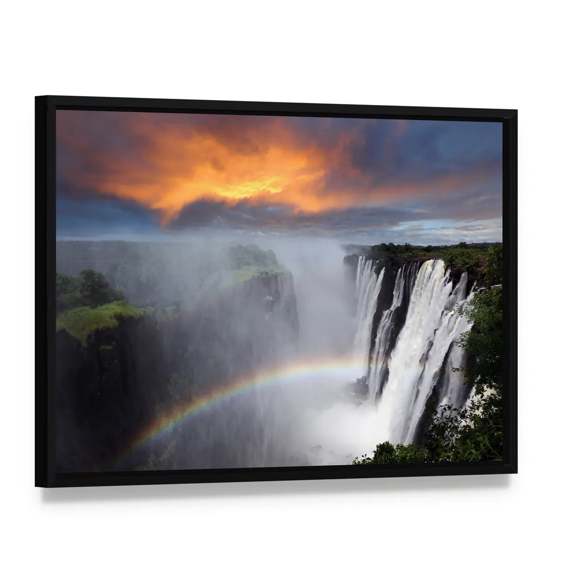 Victoria Falls In Zambia Canvas Wall Art, framed canvas in a black floater frame, angled product view