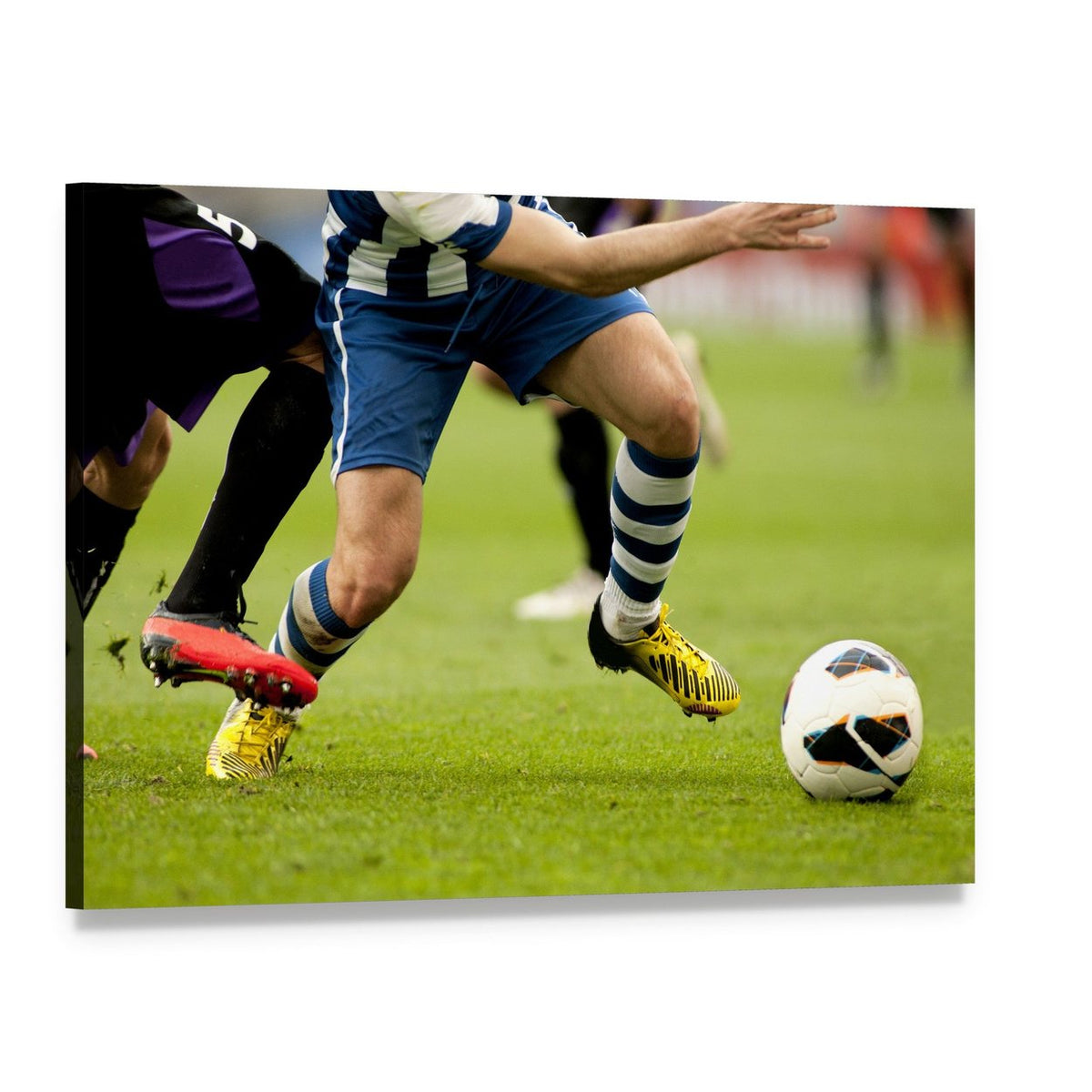 Legs of Two Soccer Players Canvas Wall Art, single panel gallery wrapped canvas, angled product view