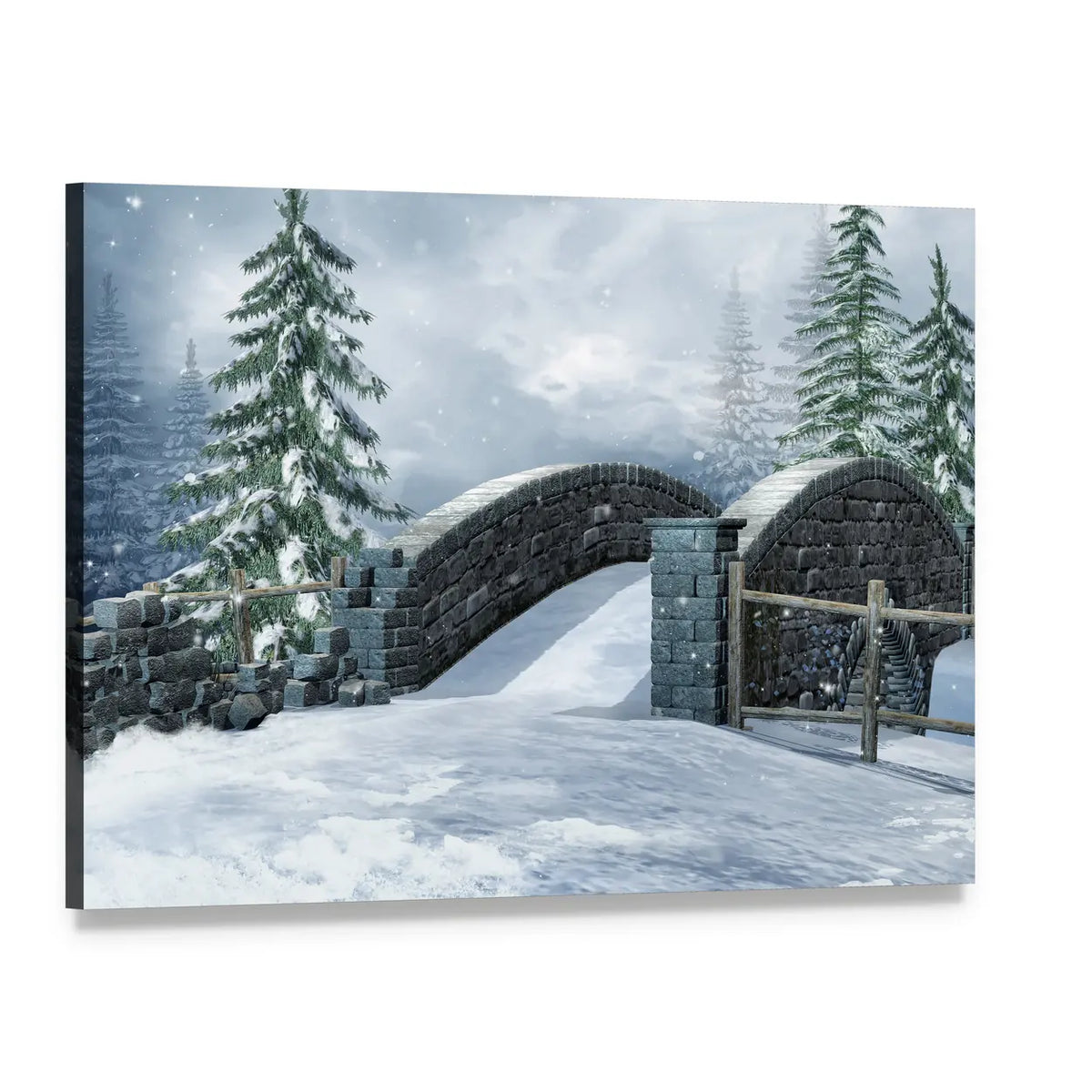 Stone Bridge on a Winter Meadow Canvas Wall Art, single panel gallery wrapped canvas, angled product view