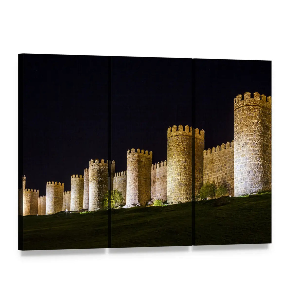 Walls of Avila at Night Canvas Wall Art, 3 panel 3 Horizontal layout gallery wrapped canvas set, angled product view