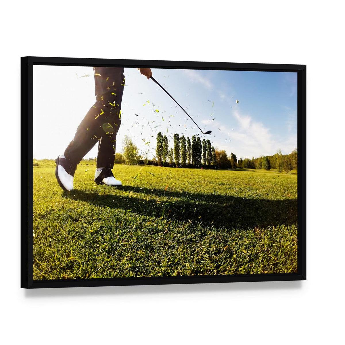 Golf Shot Canvas Wall Art, framed canvas in a black floater frame, angled product view