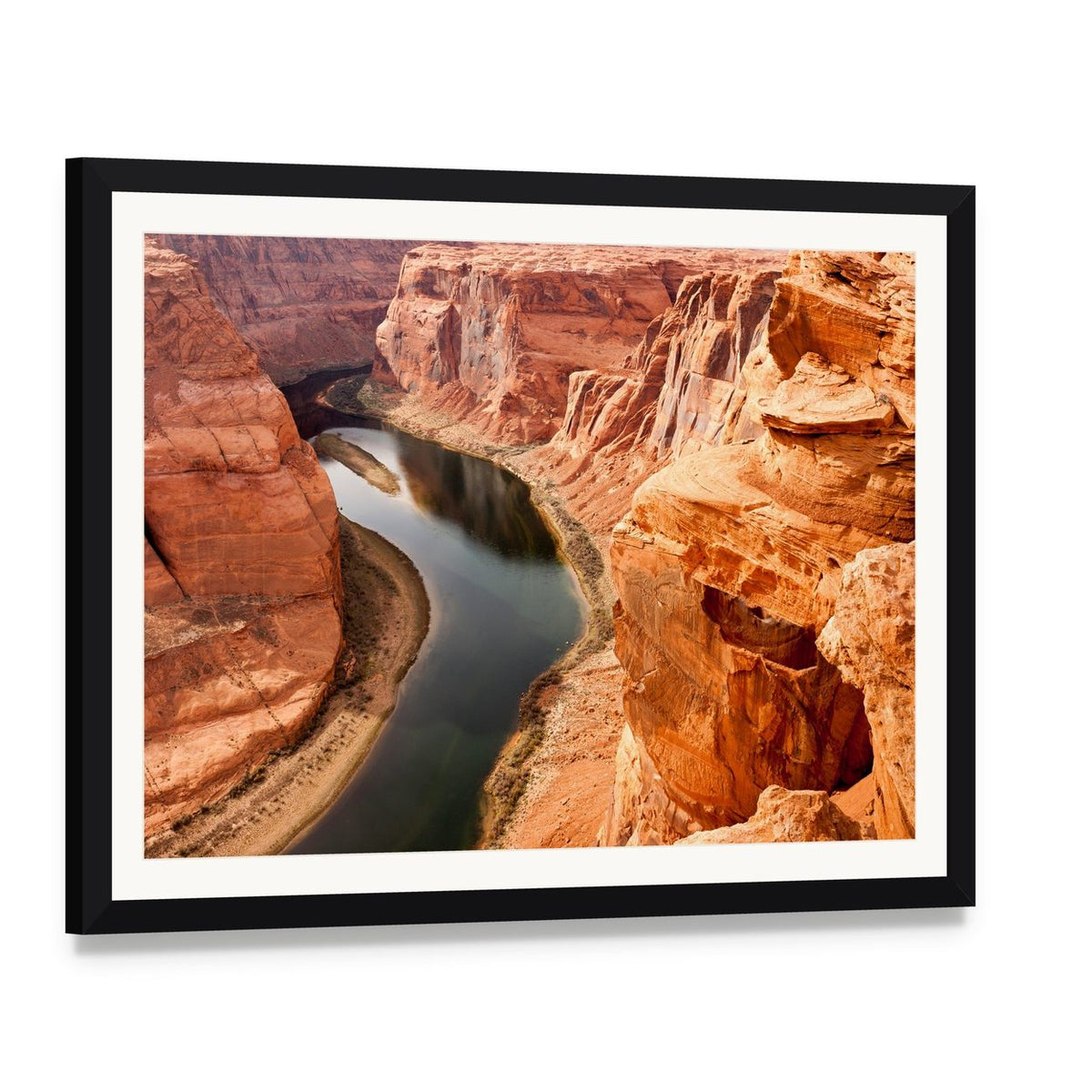 Colorado River Meanders Canvas Wall Art, framed print with white mat and black frame, angled product view