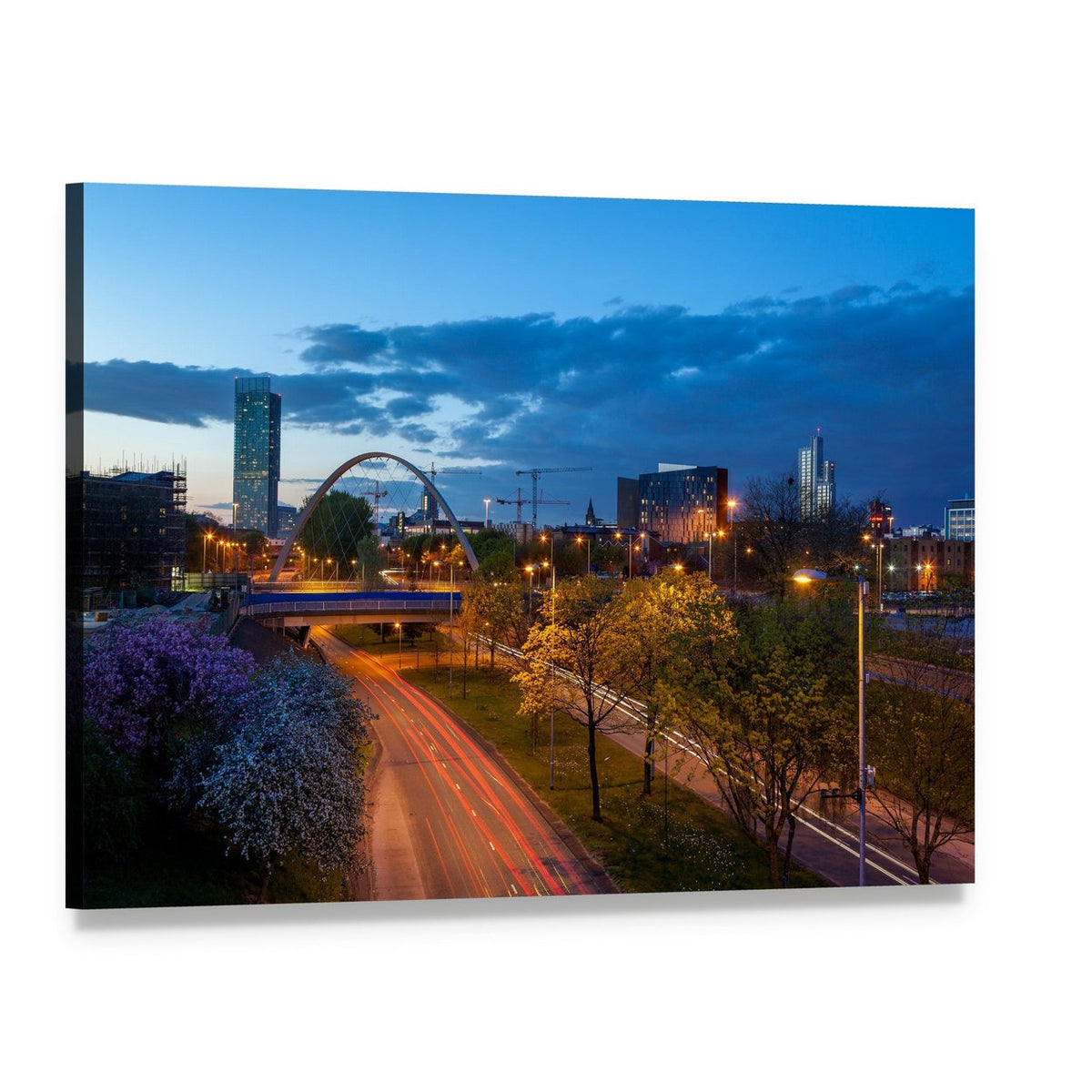 Hulme Arch Bridge at Night Canvas Wall Art, single panel gallery wrapped canvas, angled product view