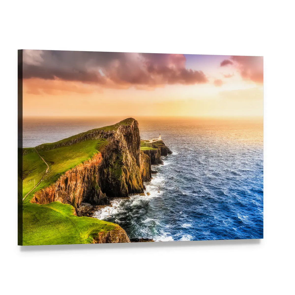 Sunset at Neist Point Lighthouse Canvas Wall Art, single panel gallery wrapped canvas, angled product view