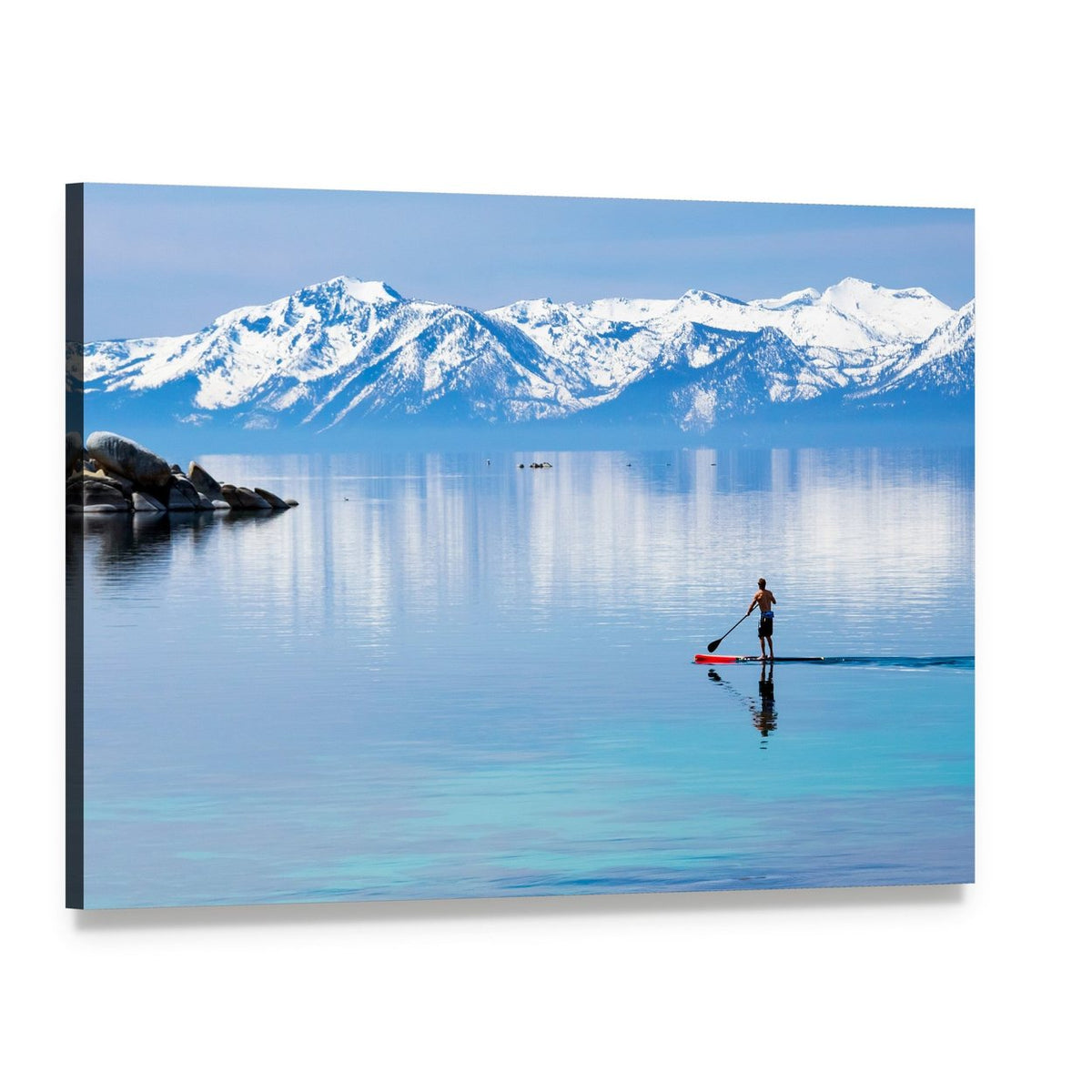 Paddleboarders on Mountain Lake Canvas Wall Art, single panel gallery wrapped canvas, angled product view