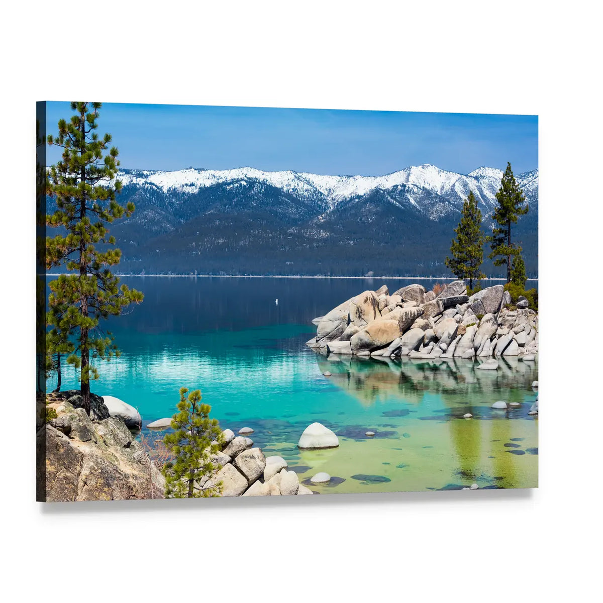 Lake Tahoe Turquoise Shoreline Canvas Wall Art, single panel gallery wrapped canvas, angled product view