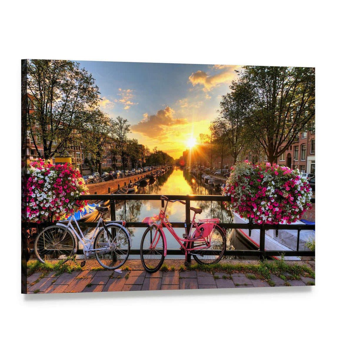 Bicycles and Flowers on Bridge Canvas Wall Art, single panel gallery wrapped canvas, angled product view