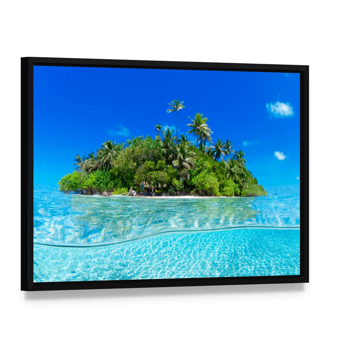Split-level Tropical Island Canvas Wall Art, framed canvas in a black floater frame, angled product view