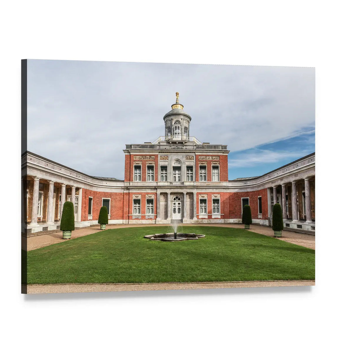 Red Brick Palace with Dome and Fountain Canvas Wall Art, single panel gallery wrapped canvas, angled product view