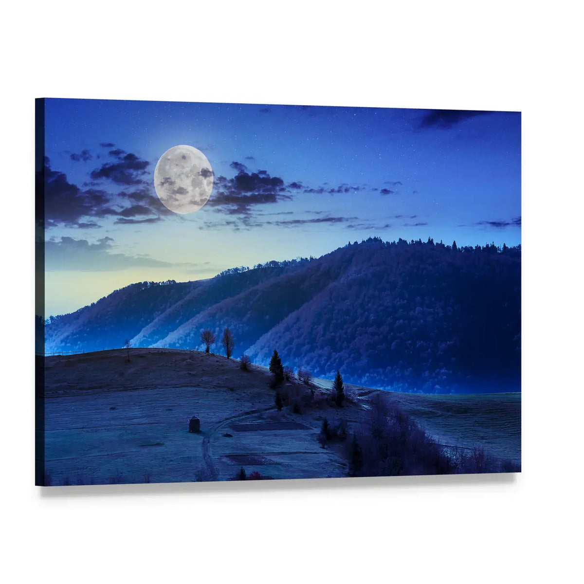 Moonlit Mountain Landscape Canvas Wall Art, single panel gallery wrapped canvas, angled product view
