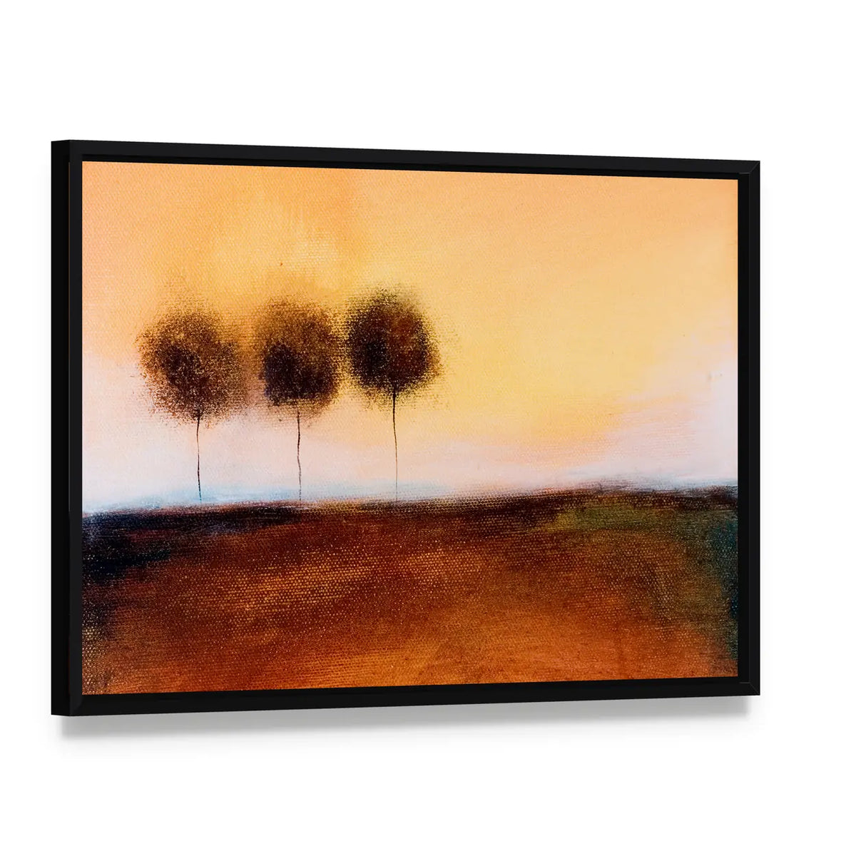 Abstract Three Trees in Autumn Field Canvas Wall Art, framed canvas in a black floater frame, angled product view