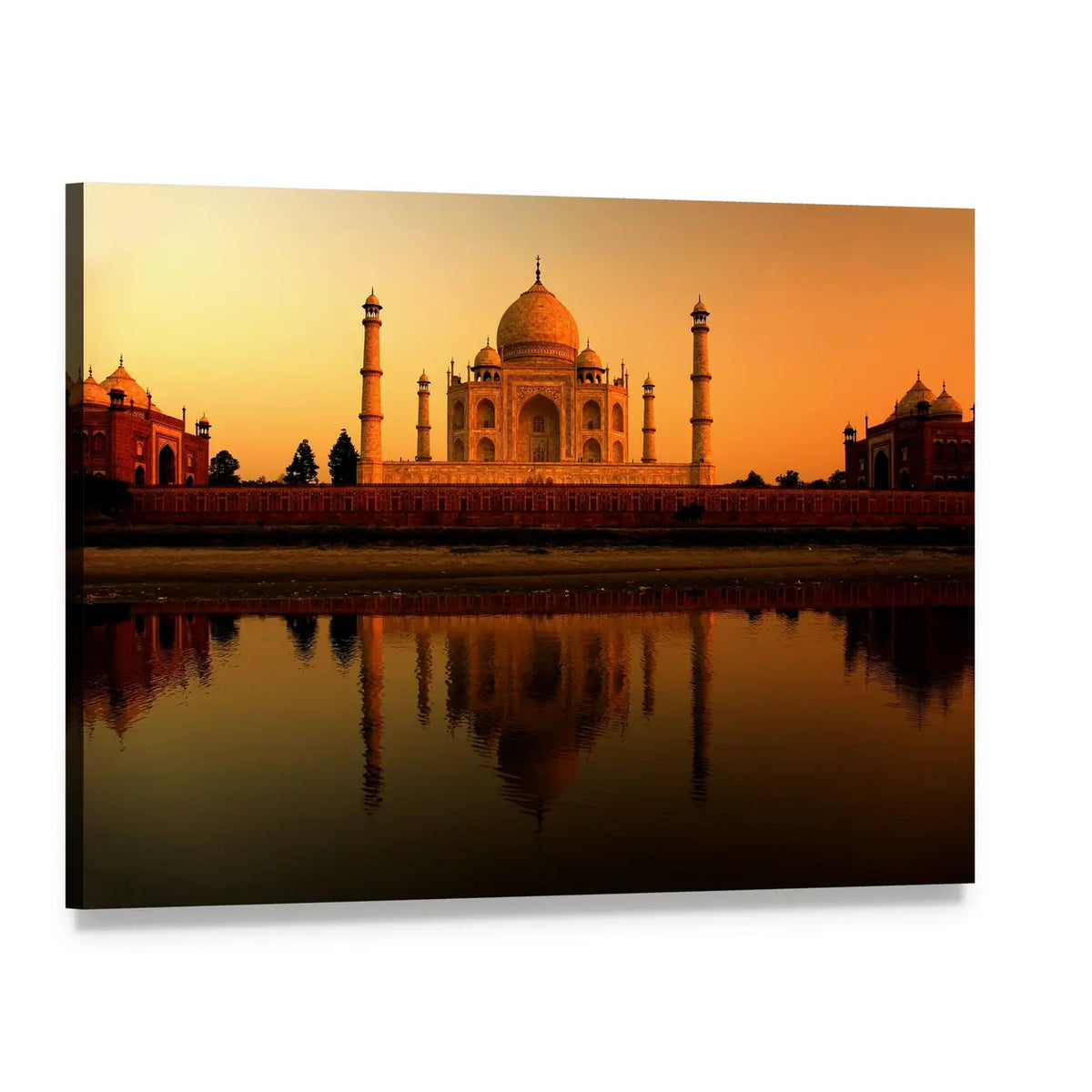 Taj Mahal at Sunset Canvas Wall Art, single panel gallery wrapped canvas, angled product view