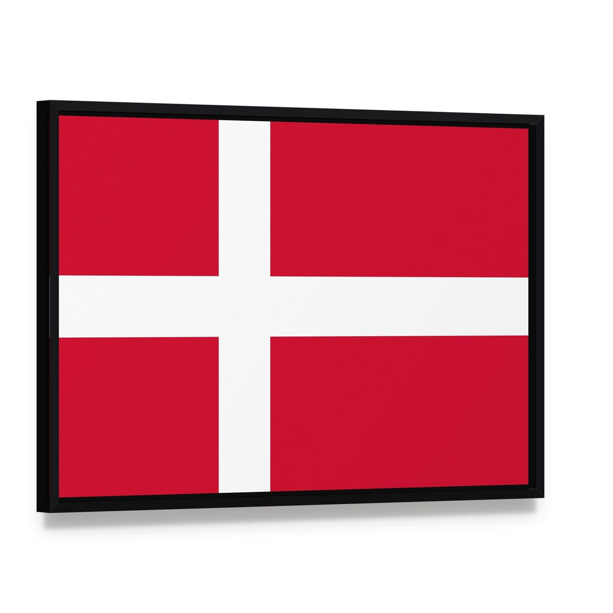 Danish Flag Canvas Wall Art, framed canvas in a black floater frame, angled product view