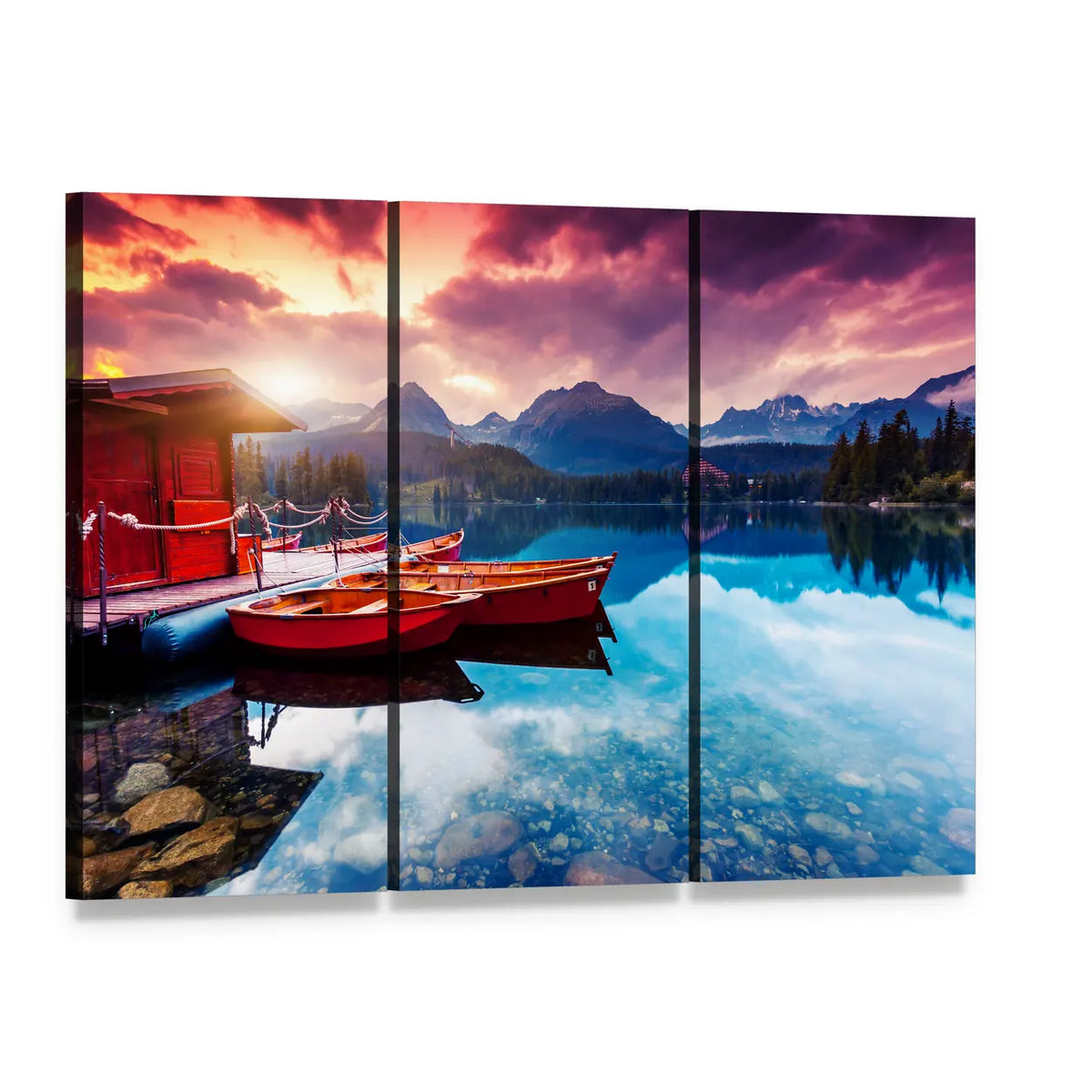 Two Red Boats on Mountain Lake at Sunset Canvas Wall Art, 3 panel 3 Horizontal layout gallery wrapped canvas set, angled product view