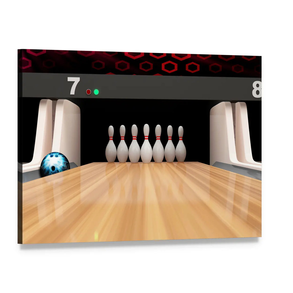 Seven Bowling Pins and Blue Ball on Wooden Lane Canvas Wall Art, single panel gallery wrapped canvas, angled product view