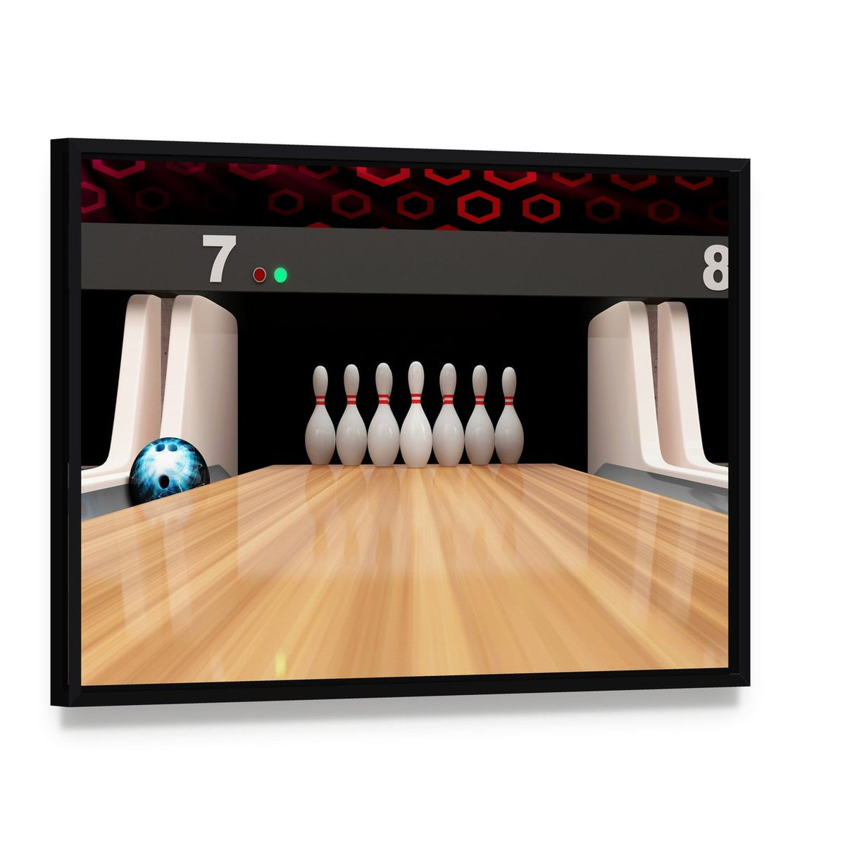 Bowling Pins on Wooden Lane Canvas Wall Art, framed canvas in a black floater frame, angled product view
