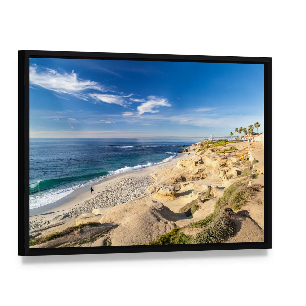 La Jolla Cove Beach California Canvas Wall Art, framed canvas in a black floater frame, angled product view