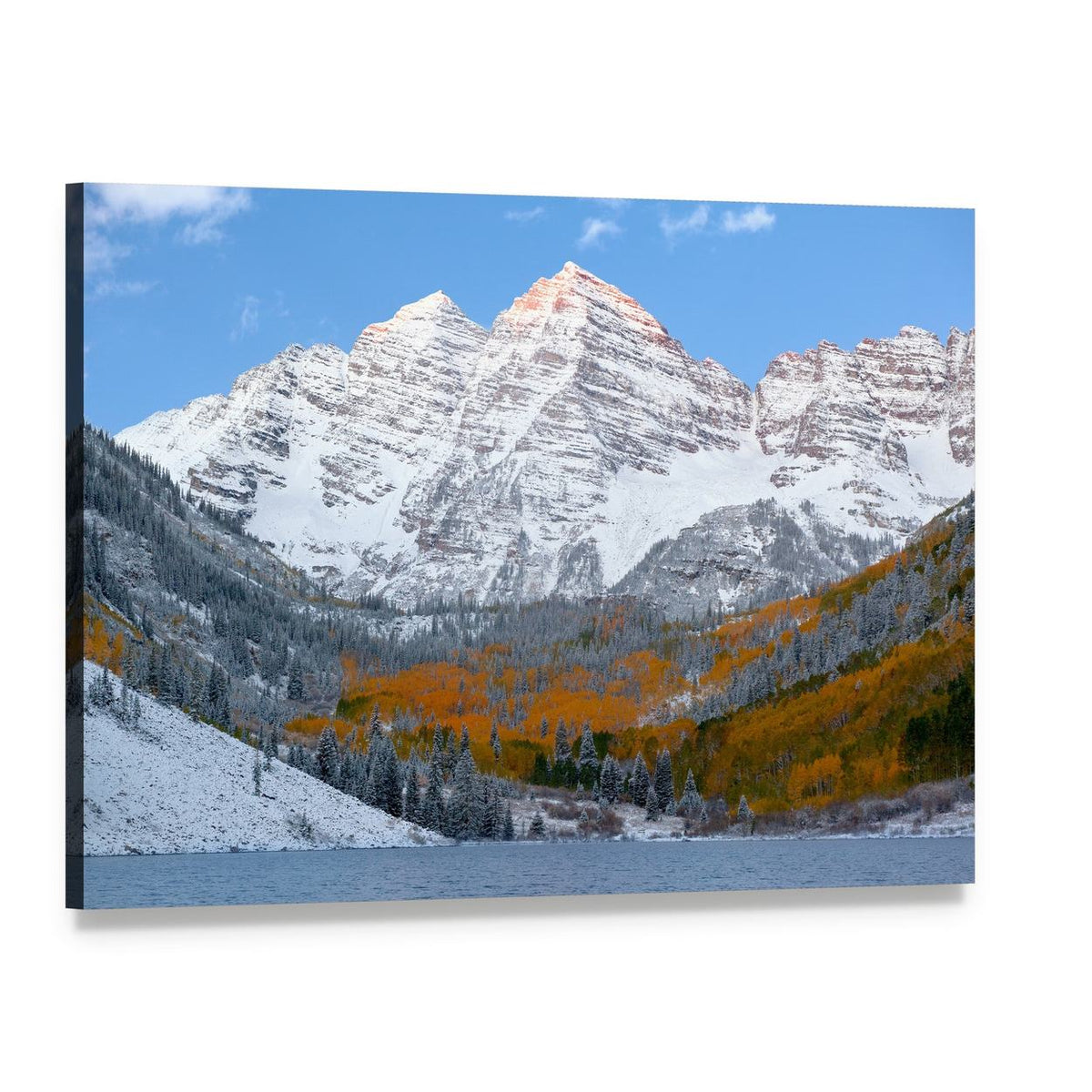 Snowy Maroon Bells Mountains at Daytime Canvas Wall Art, single panel gallery wrapped canvas, angled product view