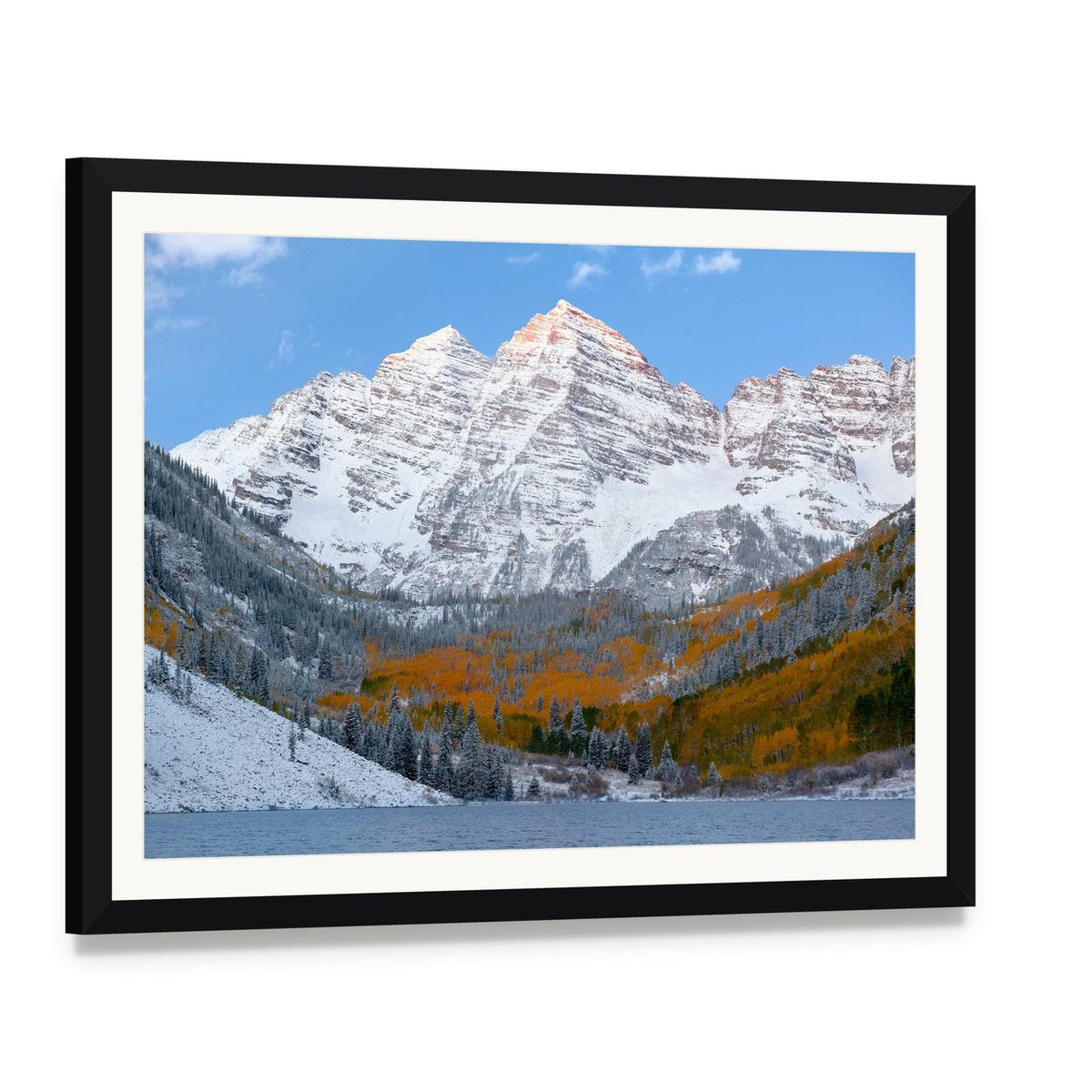 Snowy Maroon Bells Mountains at Daytime Canvas Wall Art, framed print with white mat and black frame, angled product view