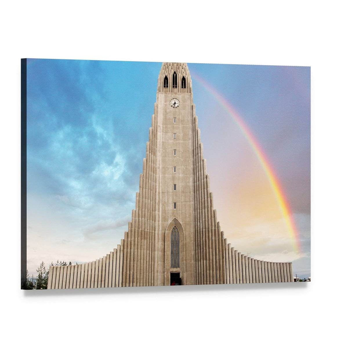 Hallgrímskirkja Cathedral with Rainbow Canvas Wall Art, single panel gallery wrapped canvas, angled product view