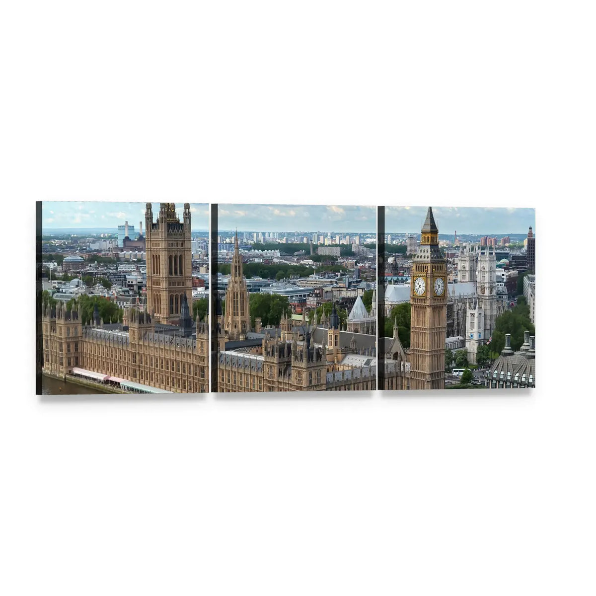 Houses of Parliament with Big Ben Panoramic Canvas Wall Art, 3 panel 3 Piece layout gallery wrapped canvas set, angled product view