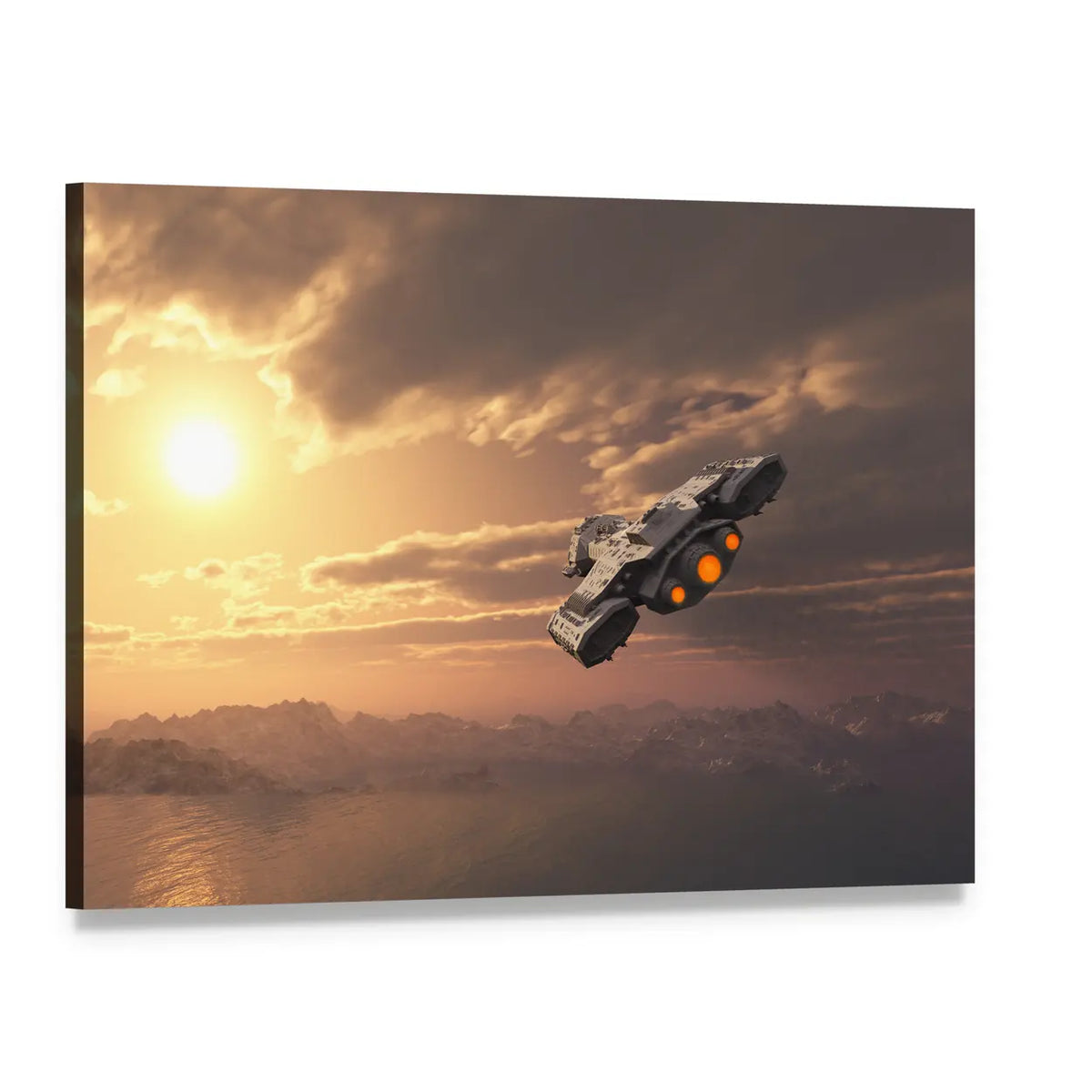 Sunset Spaceship with Glowing Thrusters Canvas Wall Art, single panel gallery wrapped canvas, angled product view