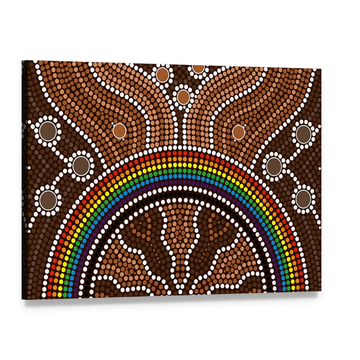Aboriginal Rainbow Dot Painting Canvas Wall Art, single panel gallery wrapped canvas, angled product view