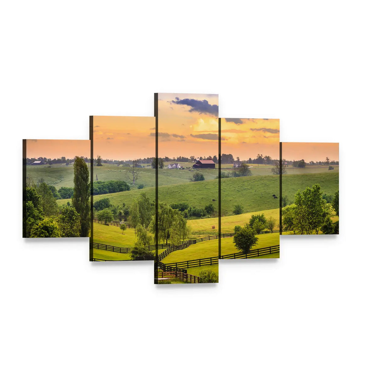 Kentucky Evening Farm Landscape Canvas Wall Art, 5 panel 5 Star layout gallery wrapped canvas set, angled product view