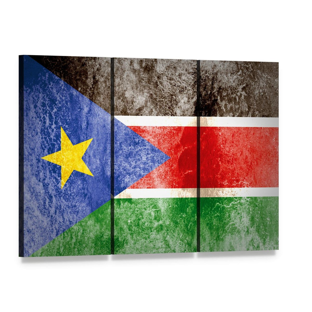 South Sudan Flag on Grunge Paper Canvas Wall Art, 3 panel 3 Horizontal layout gallery wrapped canvas set, angled product view
