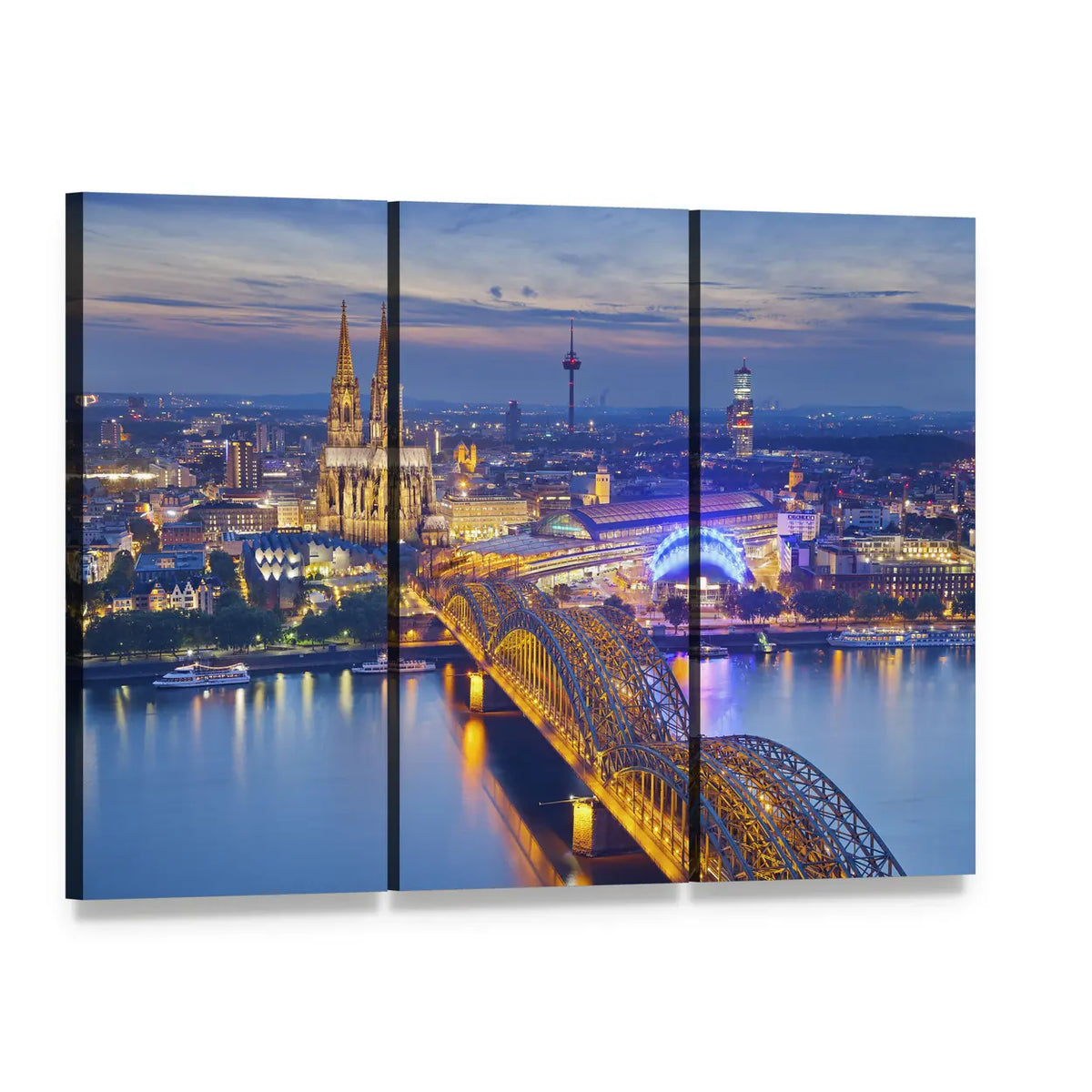 Cologne Cathedral and Hohenzollern Bridge at Dusk Canvas Wall Art, 3 panel 3 Horizontal layout gallery wrapped canvas set, angled product view