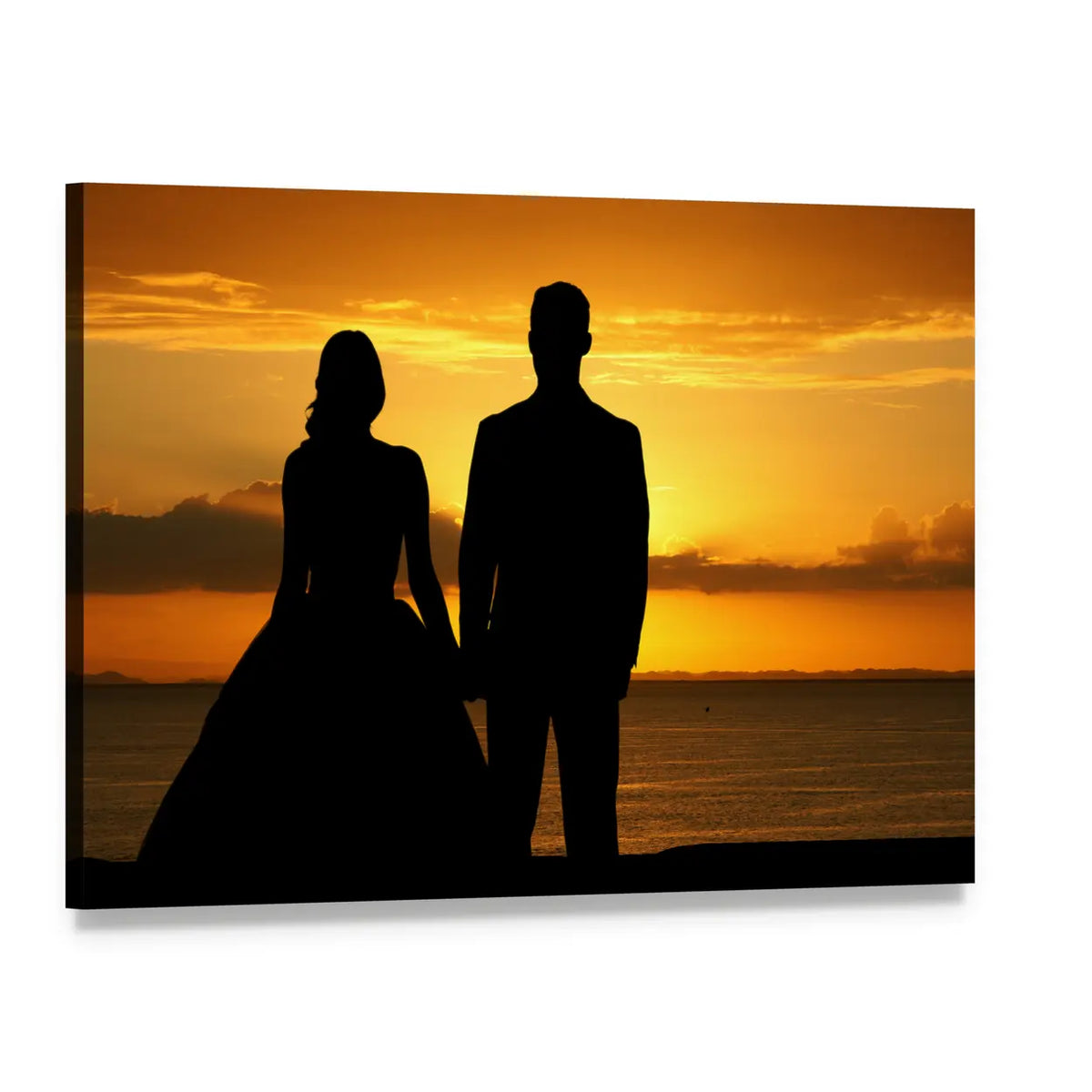 Bride and Groom Silhouette on Beach at Sunset Canvas Wall Art, single panel gallery wrapped canvas, angled product view