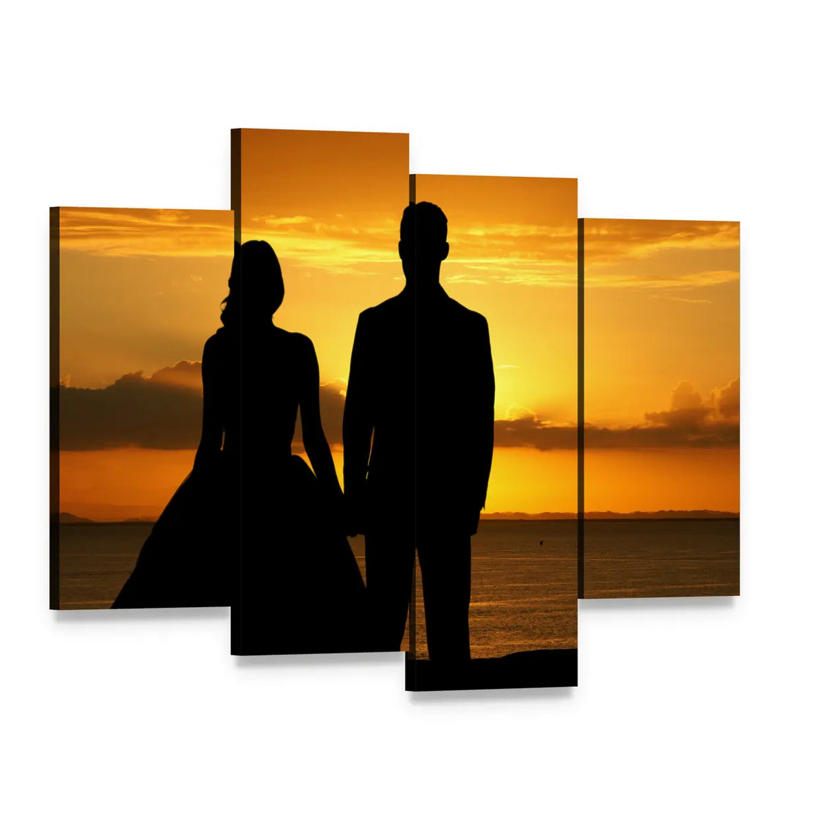 Bride and Groom Silhouette on Beach at Sunset Canvas Wall Art, 4 panel 4 Pop layout gallery wrapped canvas set, angled product view